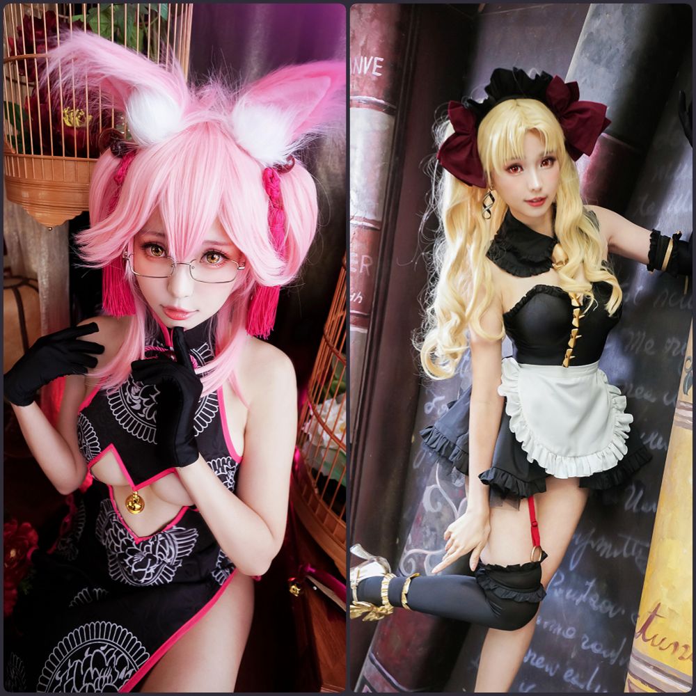 ElyEE子经典COSPLAY造型，身着白色穹妹连衣裙，眼神清纯无辜，手持兔子玩偶，展现早期成名作风采。