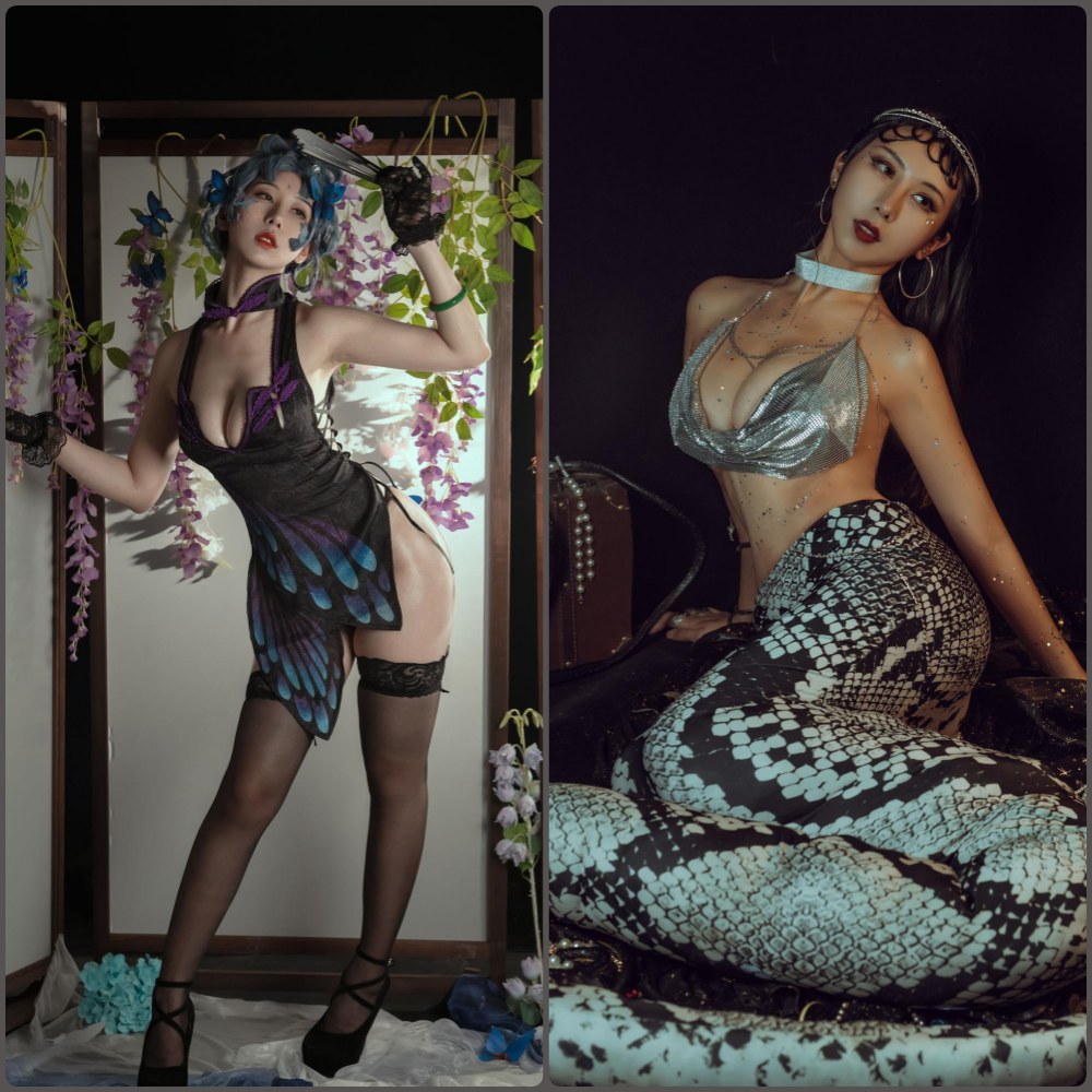 云溪溪扮演经典动漫角色不知火舞，红色高开叉服装展示修长美腿，姿势性感撩人