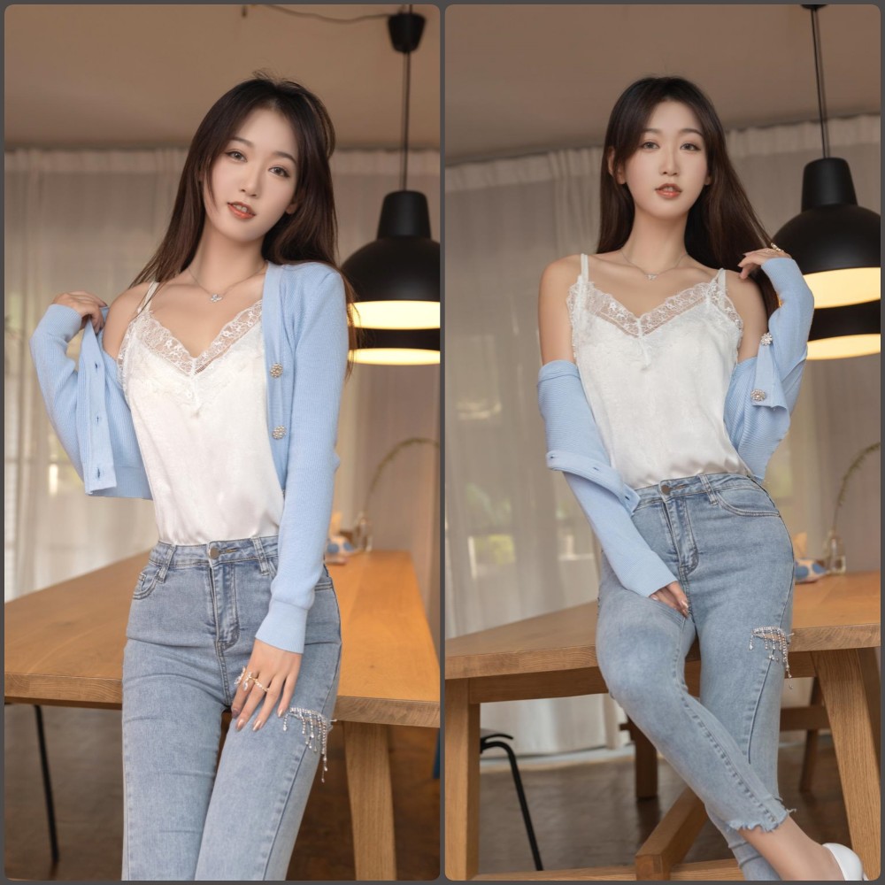 唐安琪JK制服写真，日系校园风格，背景是阳光斑驳的教室)