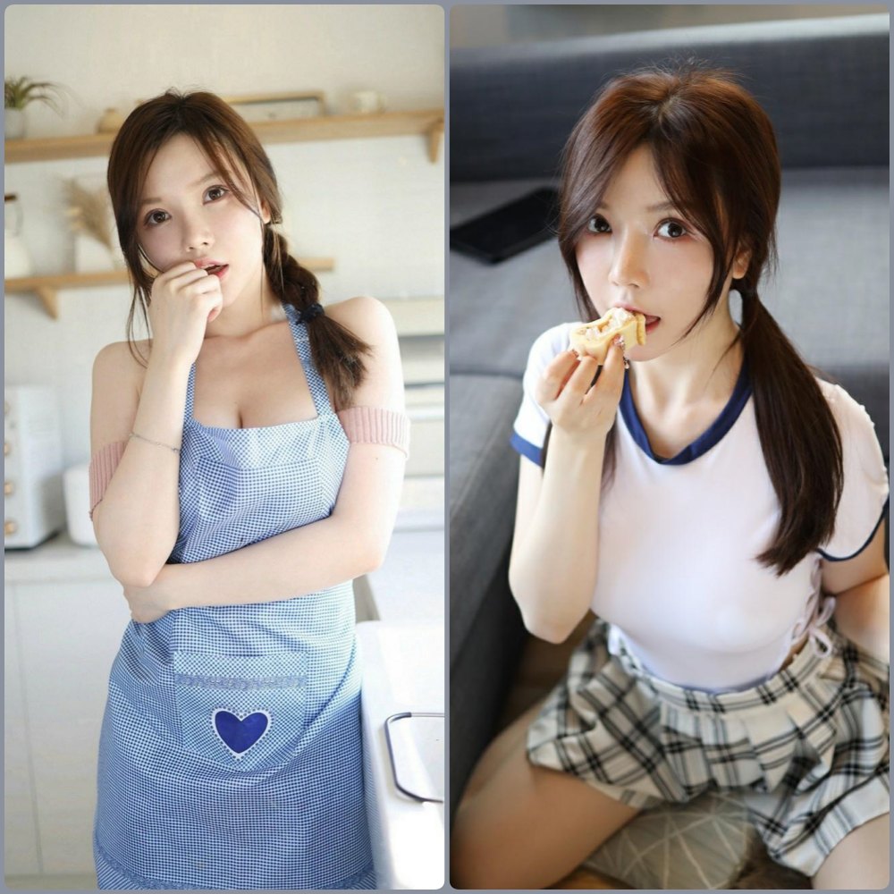 展示一张糯美子Mini面带微笑，穿着时尚简约的日常风格写真，眼神清澈但身材依然傲人，展现反差感