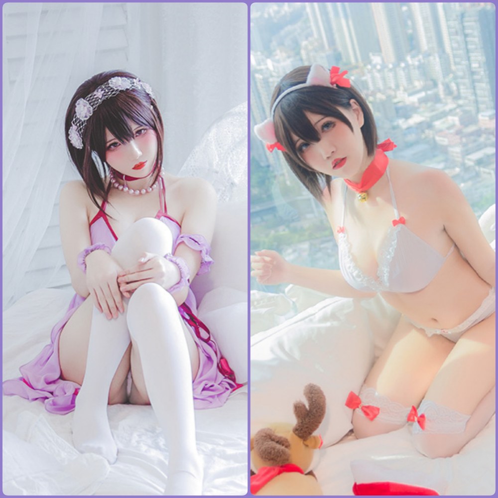 阿薰kaOri COS禁忌修女造型，深V领口露出白皙肌肤，神情既神圣又渴望，充满视觉冲击力