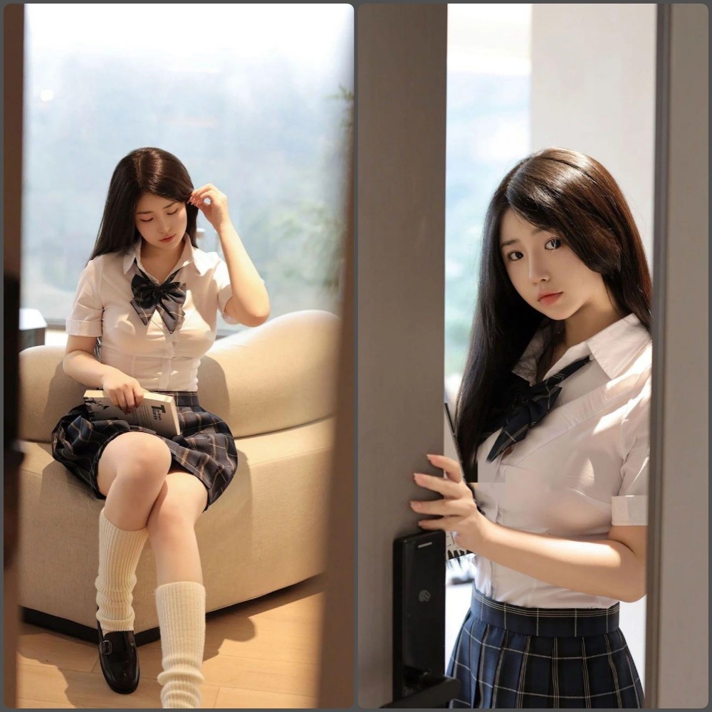 陈小花身穿经典海军领JK制服，在校园天台背景下微笑，清纯可爱的日系风格写真