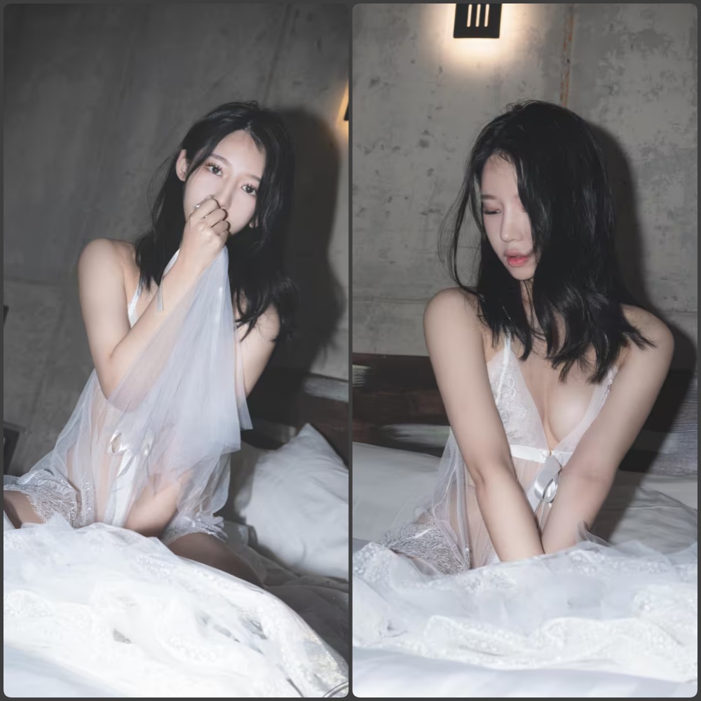  韩国模特Yeha身穿白色吊带背心，在阳光下展现清纯与性感的微胖身材写真